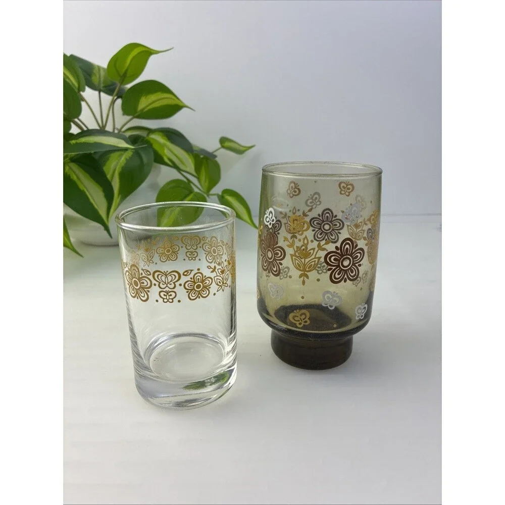 RARE Juice Glasses Butterfly Gold Vintage Pyrex Corelle Coordinates 2pc Brown